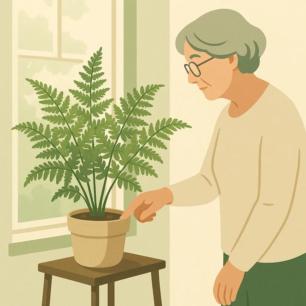 Lady fern growing indoors in soft indirect light